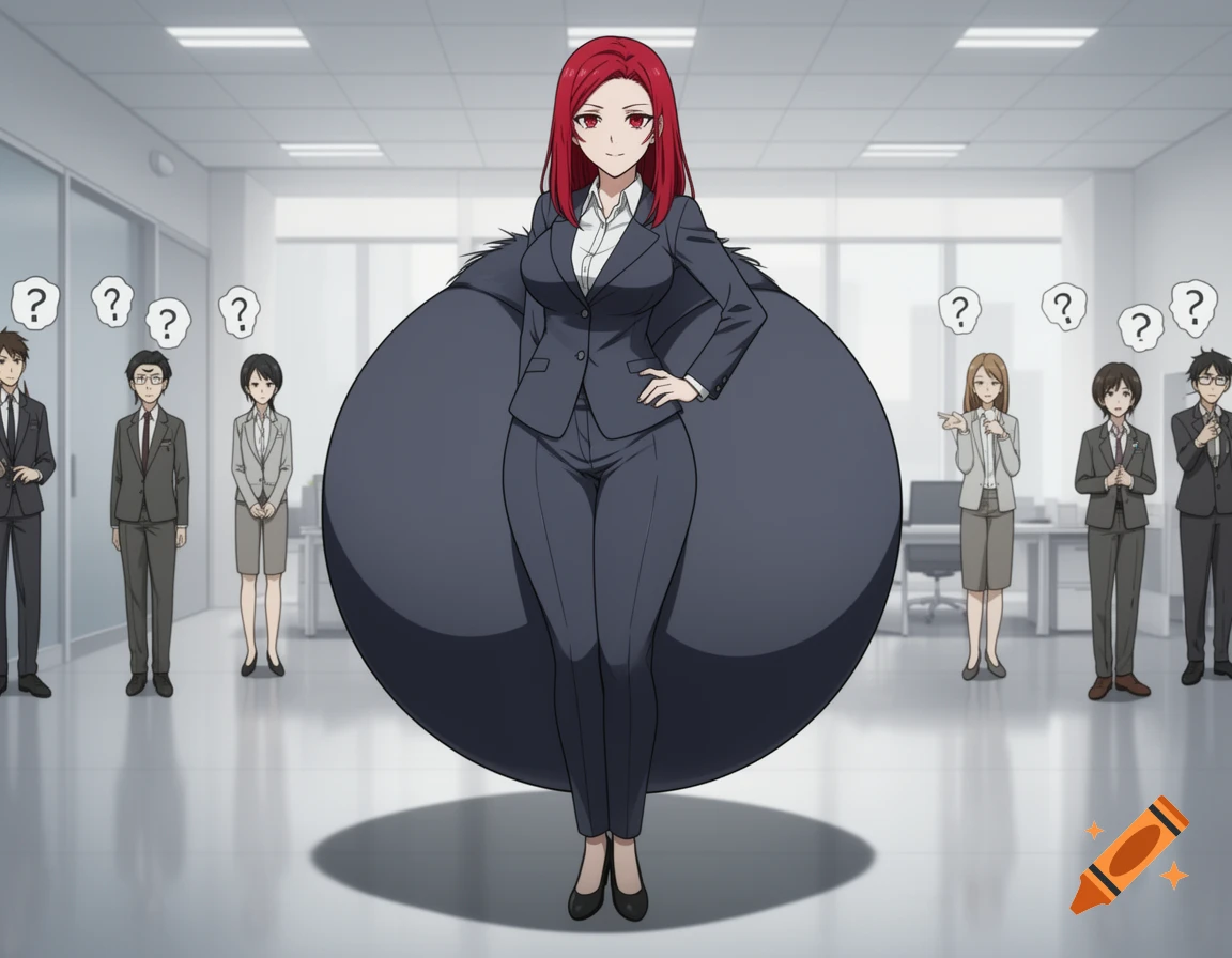 Red-haired anime woman in a dark suit with an enormous butt stands in an office, observed by confused coworkers.