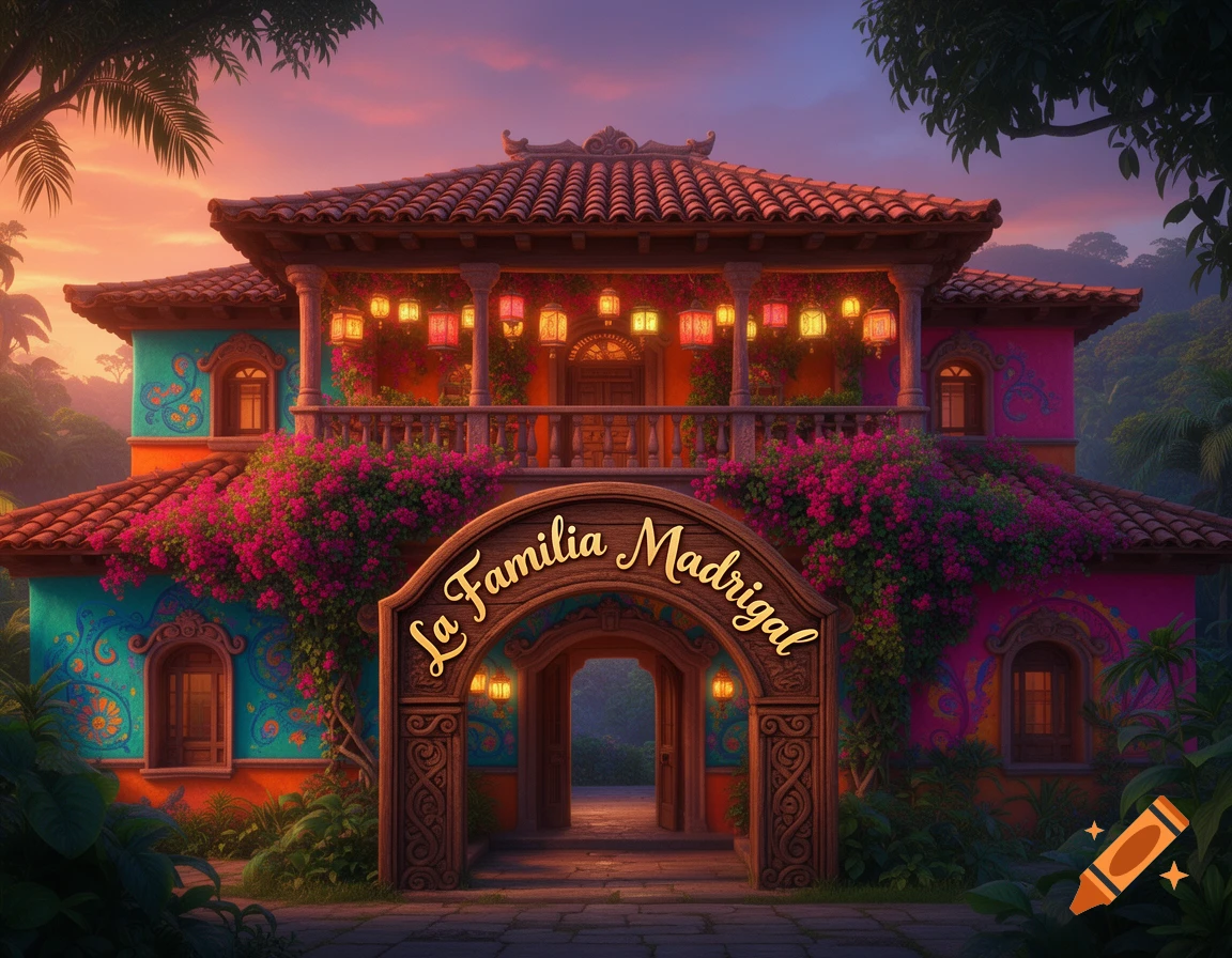 A vibrant, colorful house with a tiled roof and pink bougainvillea, an archway reading "La Familia Madrigal", set against a sunset sky.