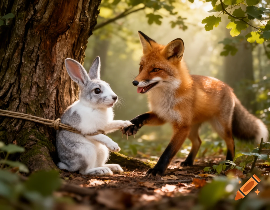 Photorealistic image of a white and gray rabbit tied to a tree, looking at a fox extending its paw in a sunlit forest.
