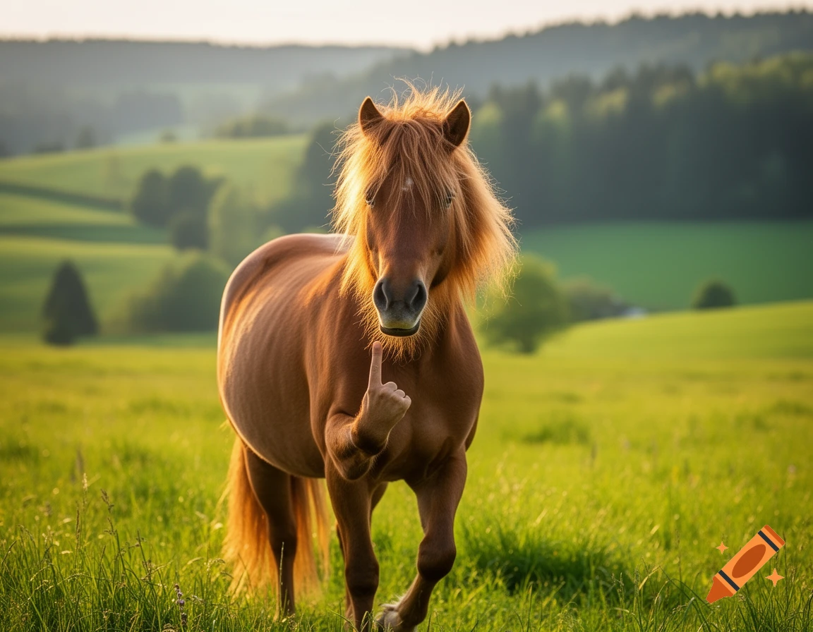 A photorealistic brown horse stands in a sunny green field, looking towards the viewer and making a middle finger gesture with a human-like hand.