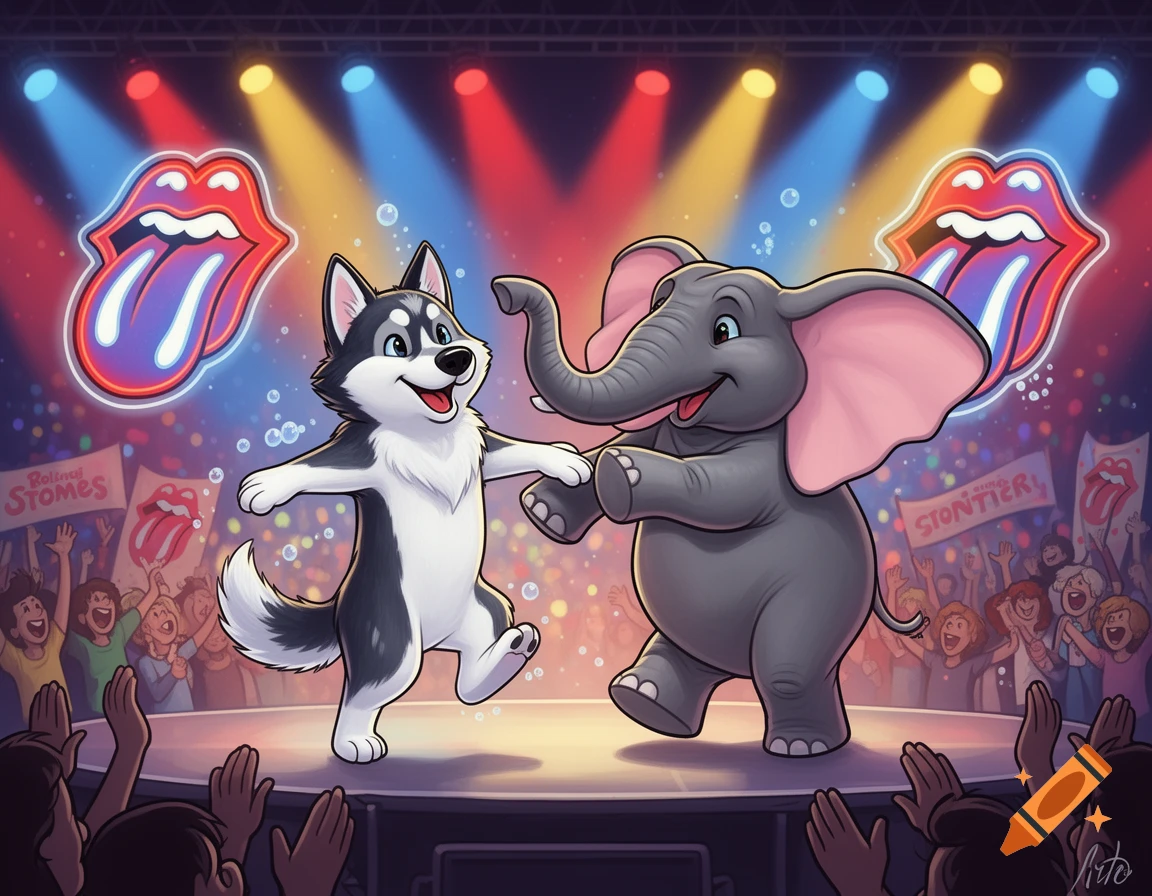 A cartoon husky and an elephant dance on stage under colorful spotlights, with a crowd and Rolling Stones logos in the background.