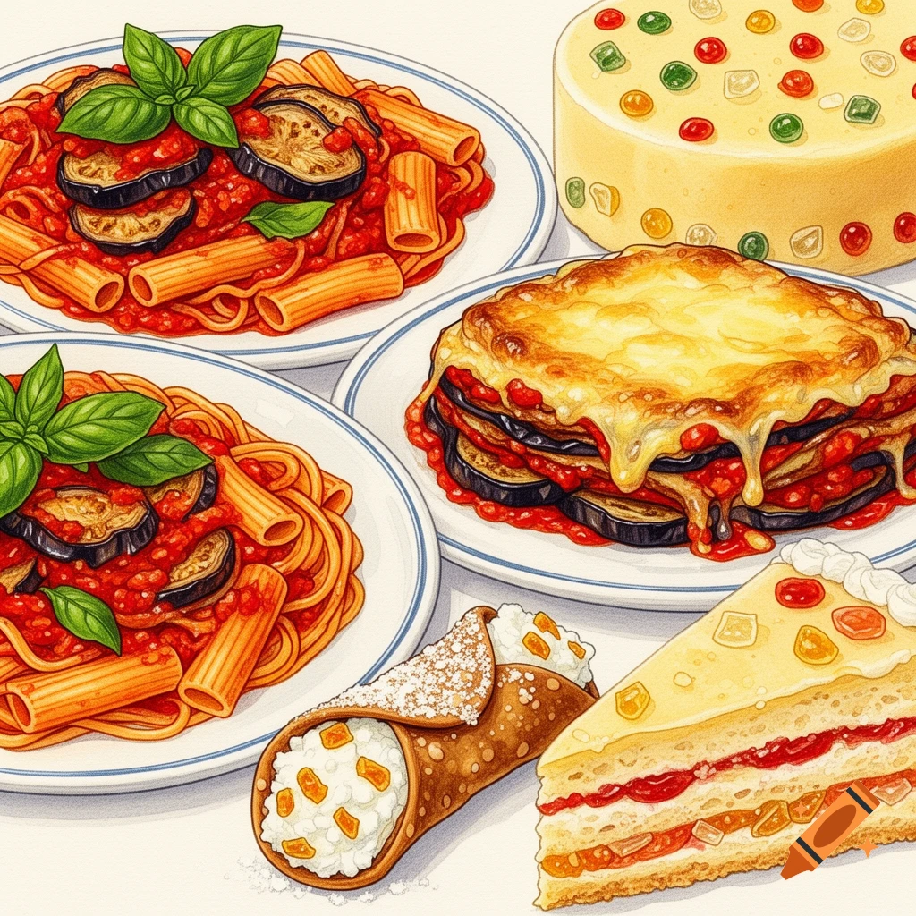 Artistic illustration of Sicilian dishes: pasta alla Norma, baked parmigiana, a sweet cannoli, and a slice of cassata.