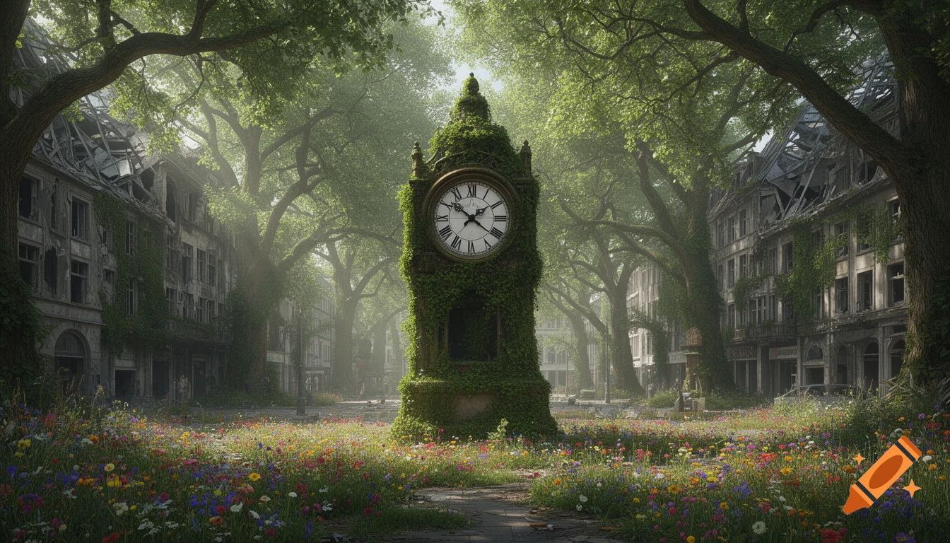 Photorealistic image of a post-apocalyptic city square with a moss-covered clock tower and derelict buildings overtaken by lush nature and wildflowers.