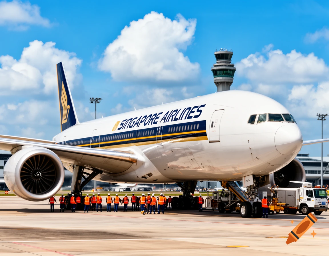 A large Singapore Airlines Boeing 777 parked on an airport tarmac with ground crew, under a blue sky with clouds.
