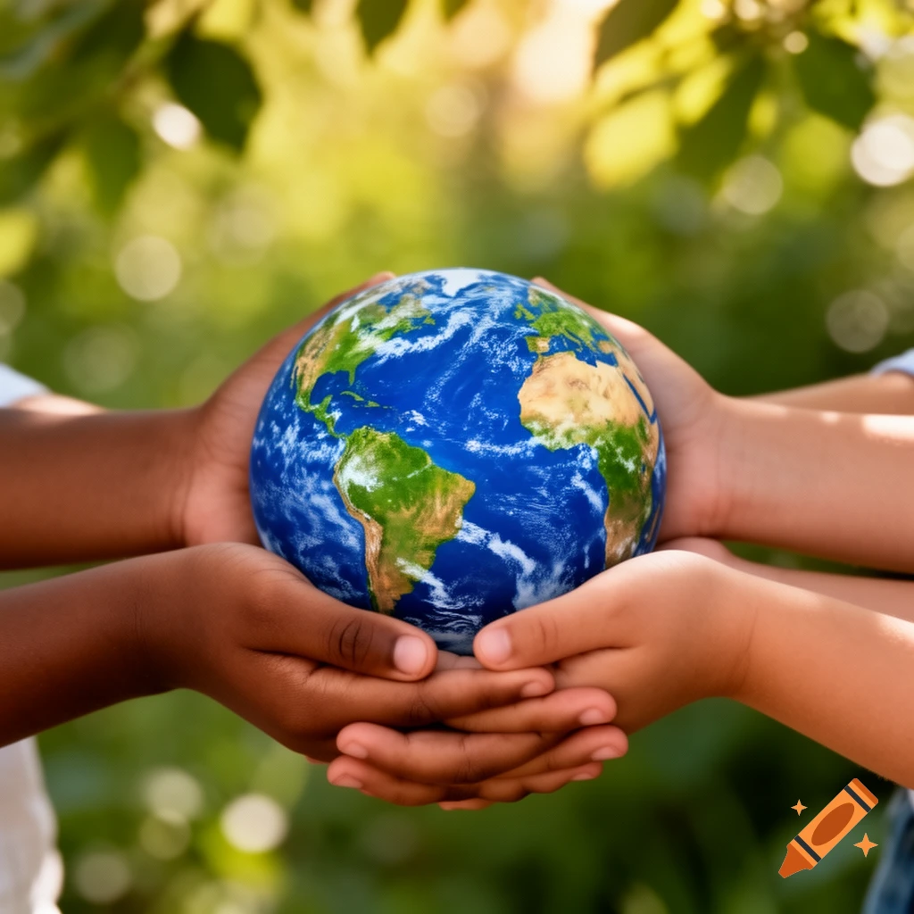 Diverse children's hands gently cradle a detailed Earth globe against a sun-dappled green background.