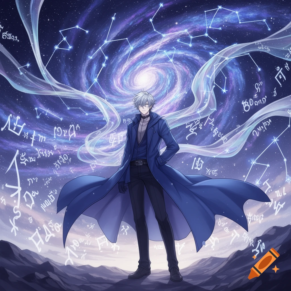 Anime man in a blue coat on mountains under a swirling galaxy, constellations, and mystical script.