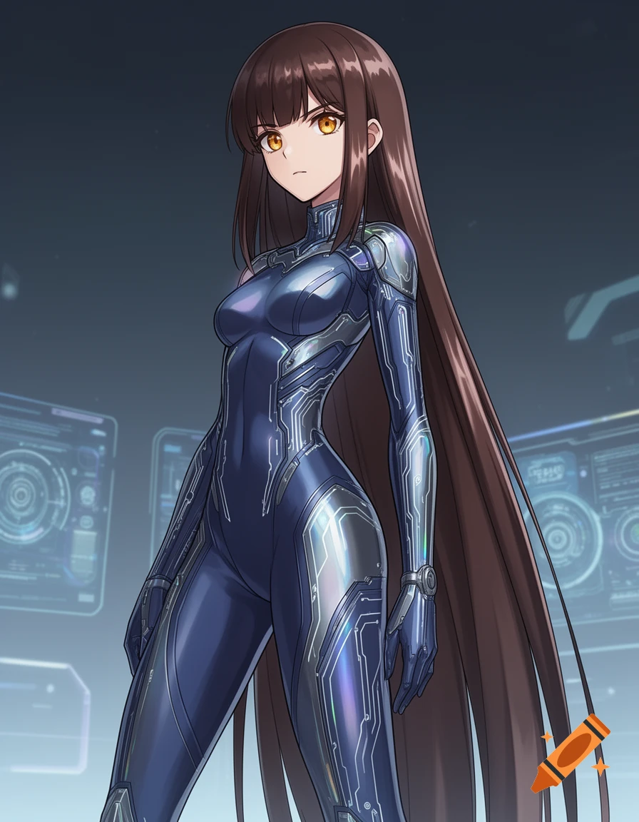 An anime woman with long brown hair in a form-fitting futuristic dark blue suit with metallic accents stands against a sci-fi background.