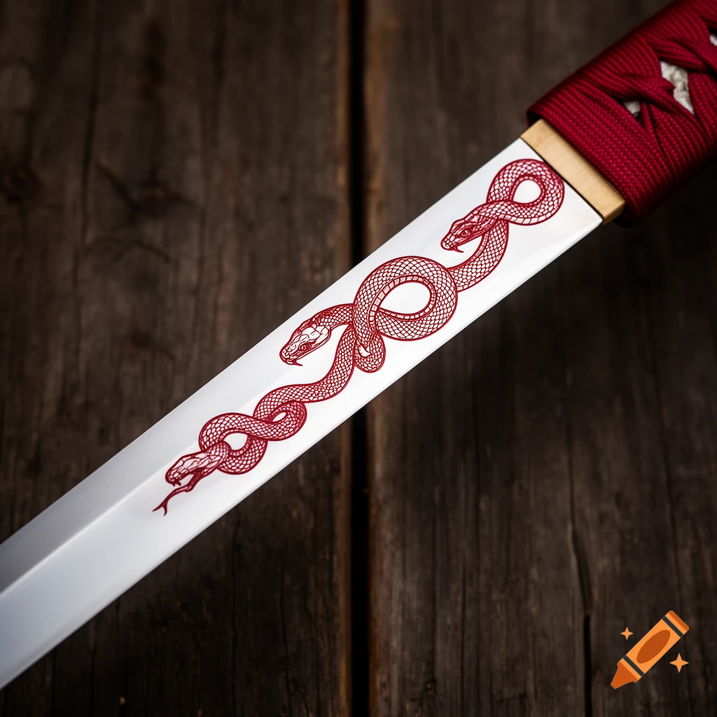 Close-up of a silver-white katana blade with intricate blood-red snakes etched on it, alongside a red hilt, resting on dark wood.