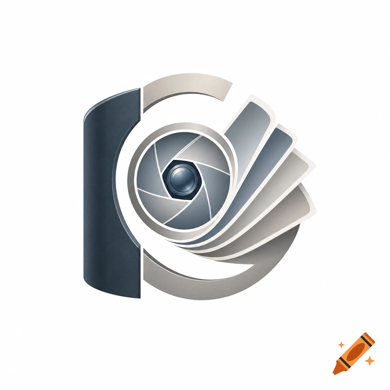 Stylized logo featuring a camera aperture at its center, surrounded by curved, layered elements in shades of grey and blue, set on a white background.
