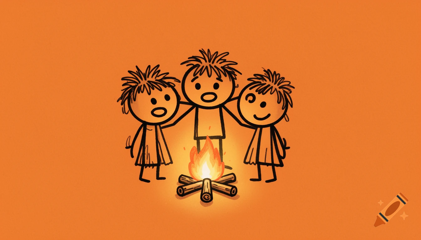 Three stick figures with wild hair stand around a small campfire on a solid orange background in a hand-drawn doodle style.