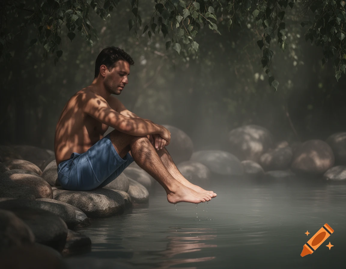A shirtless man in blue shorts sits on rocks, dipping his feet into a misty hot spring. Photorealistic.