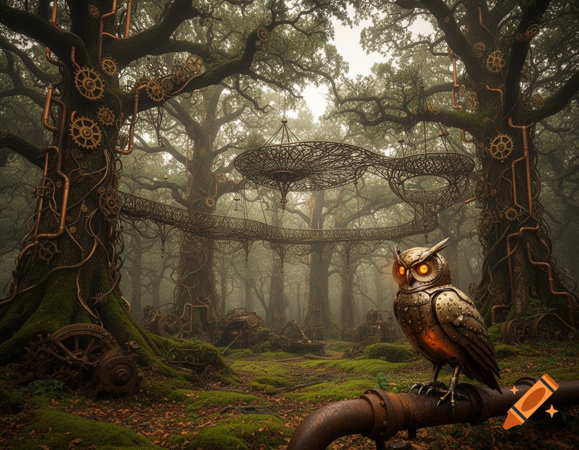 A mysterious steampunk forest with ancient trees intertwined with gears and pipes, and a mechanical owl with glowing orange eyes.