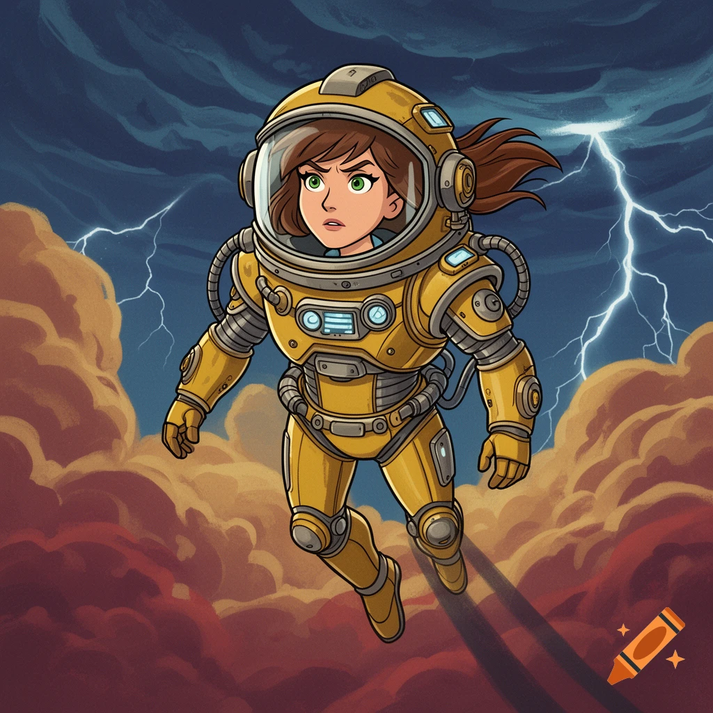A concerned cartoon girl in a yellow robotic spacesuit flies through a stormy sky with lightning and red-orange clouds.