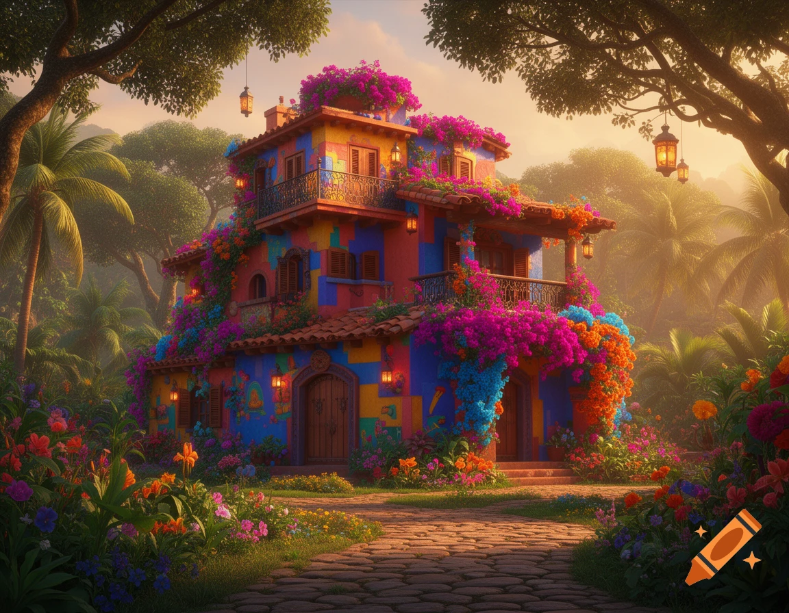 A vibrant, colorful house covered in flowers, nestled in a lush jungle with a cobblestone path leading to it.