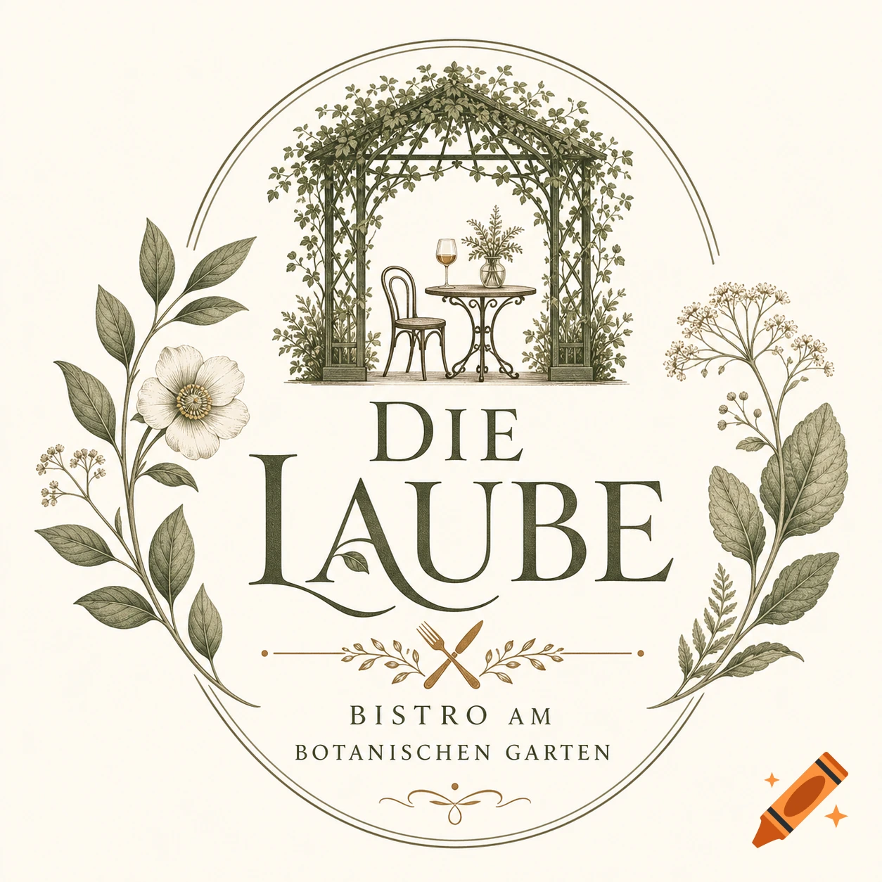 Vintage botanical logo for 'Die Laube - Bistro am Botanischen Garten' with a gazebo, table, chair, leaves, and flowers.