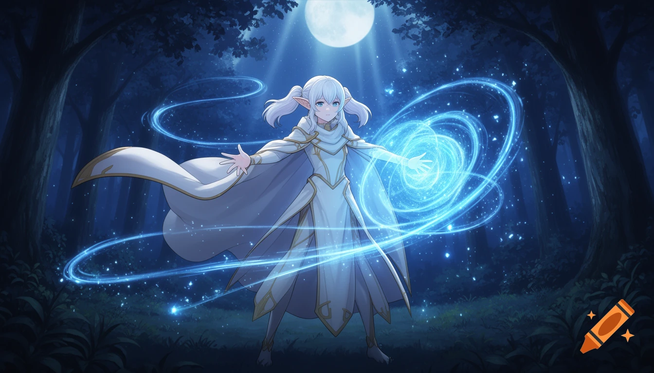 An anime elf mage with white pigtails casts a glowing blue magic spell in a dark forest under a full moon.