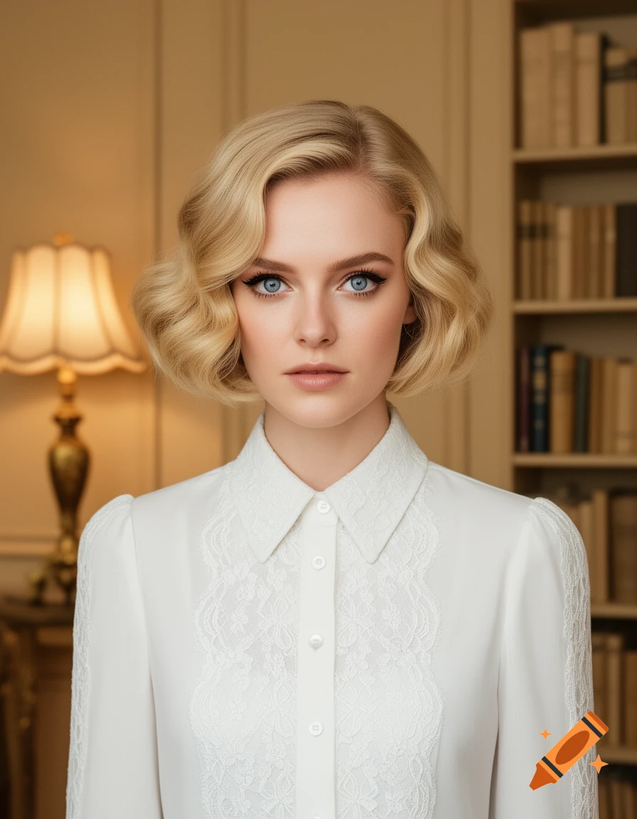 A photorealistic portrait of a woman with blonde, wavy bob hair and blue eyes, wearing a white lace shirt in a classic setting.