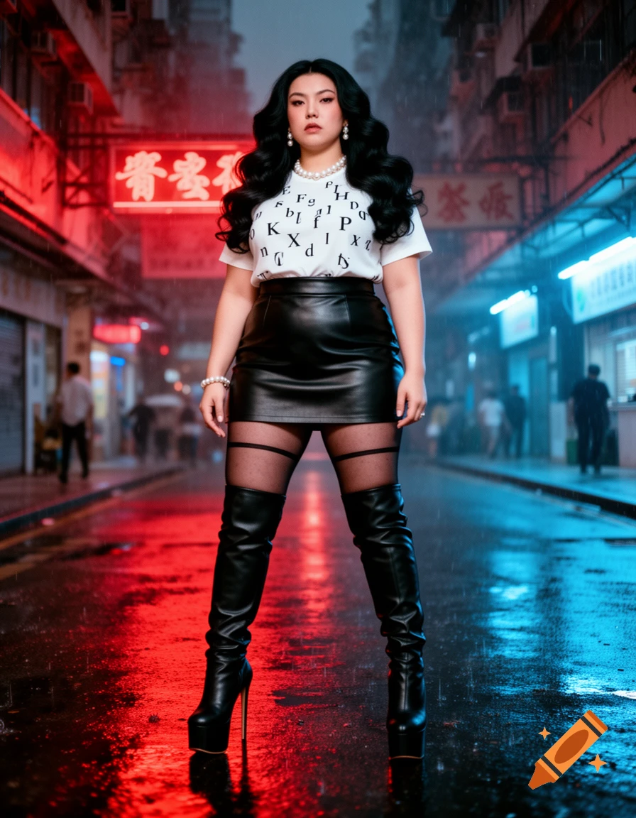 A woman with long black wavy hair, wearing a white t-shirt, black leather mini skirt, sheer black pantyhose, and platform over-the-knee boots, stands on a wet street with red and blue neon lights in the background.