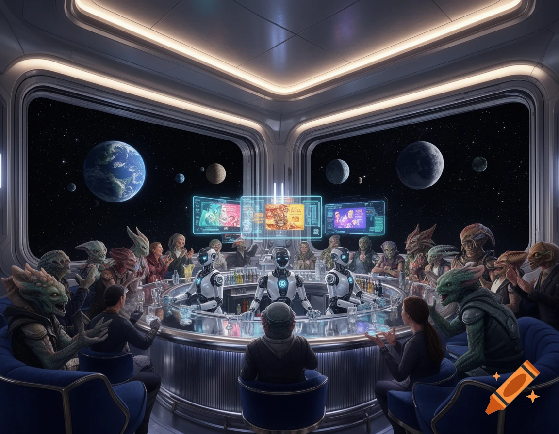 Photorealistic image of a futuristic space bar with aliens and robots, looking out windows at planets and stars.