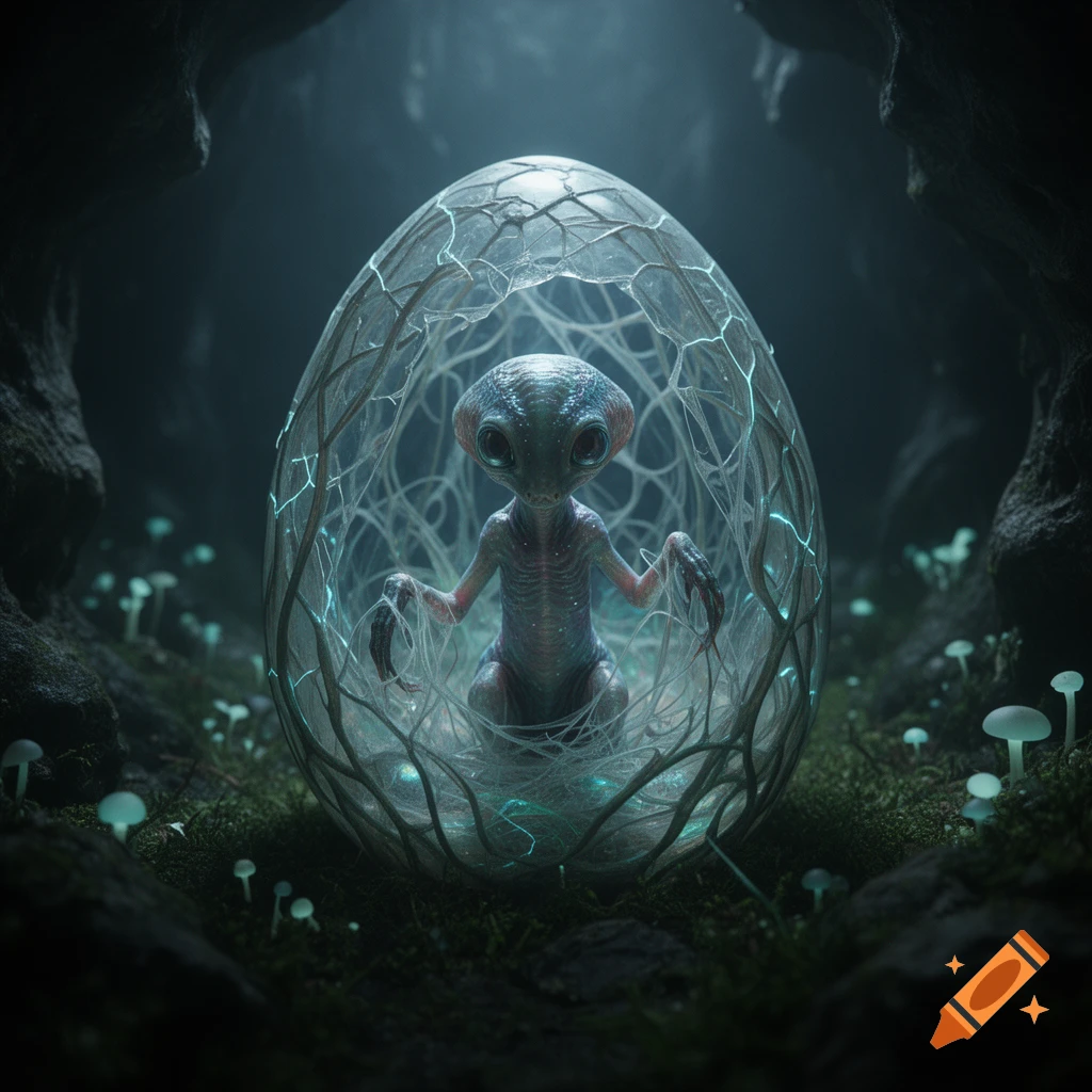 A small grey alien with large dark eyes and long fingers sits within a glowing, translucent egg in a dark, mossy cave surrounded by bioluminescent mushrooms.