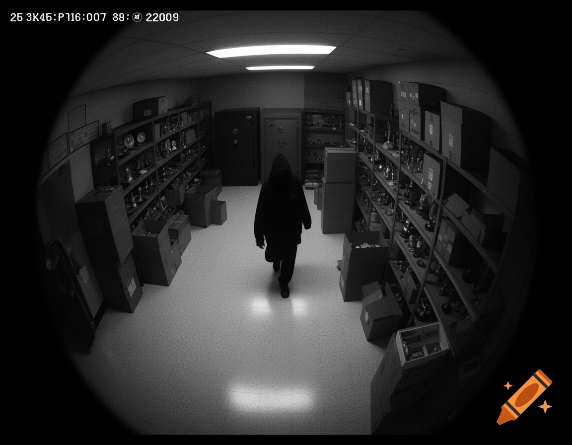Monochrome, fisheye security camera view of a hooded figure walking down an aisle between shelves and boxes in a dimly lit room.