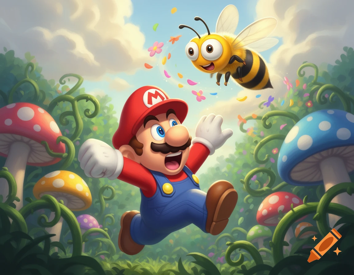Cartoon Mario runs through a vibrant fantasy landscape with colorful mushrooms and vines, shouting at a cheerful bee flying above.