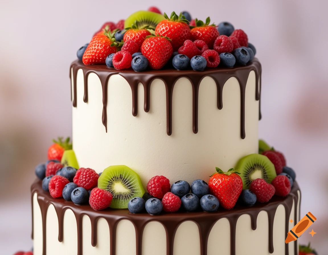 A two-tiered white cake with chocolate ganache drips, decorated with fresh strawberries, blueberries, raspberries, and kiwi slices.