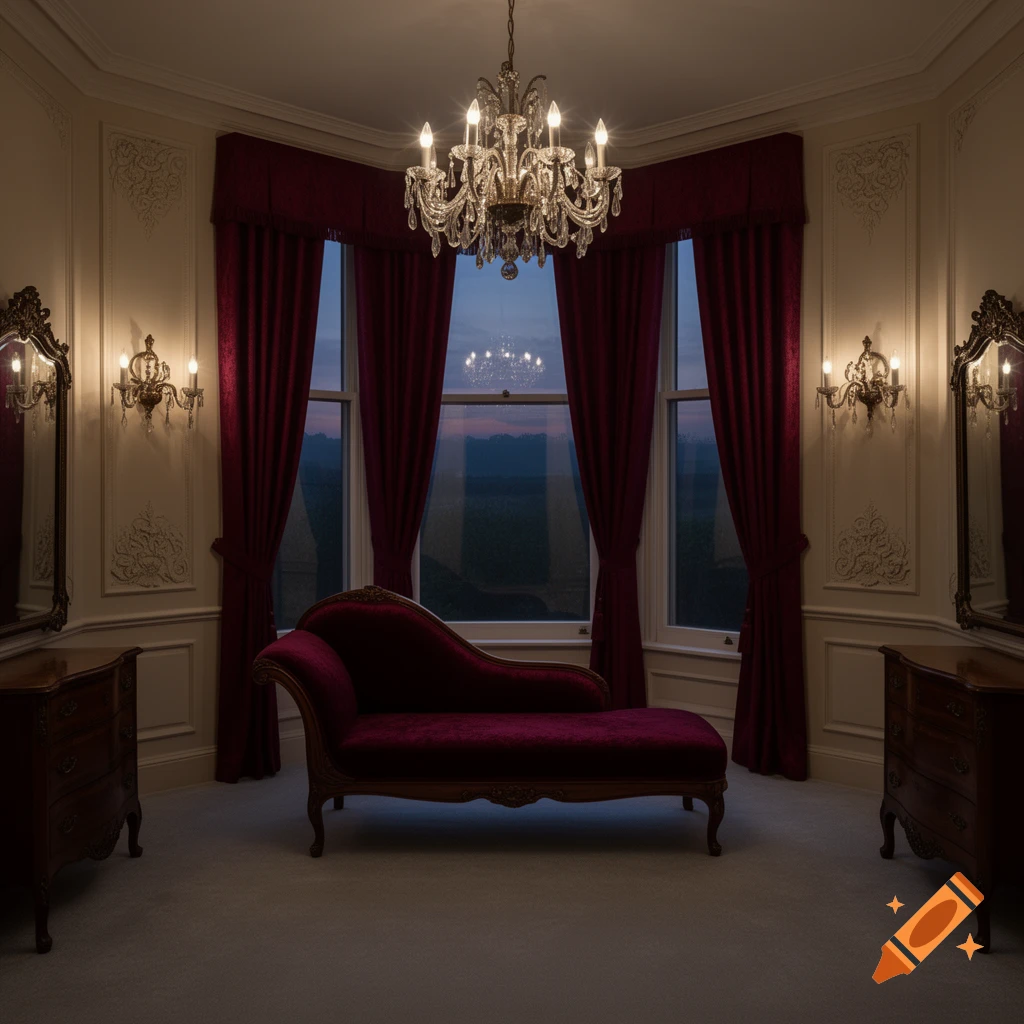 A luxurious room with a red velvet chaise lounge, crystal chandelier, and red curtains at dusk, looking out a bay window.