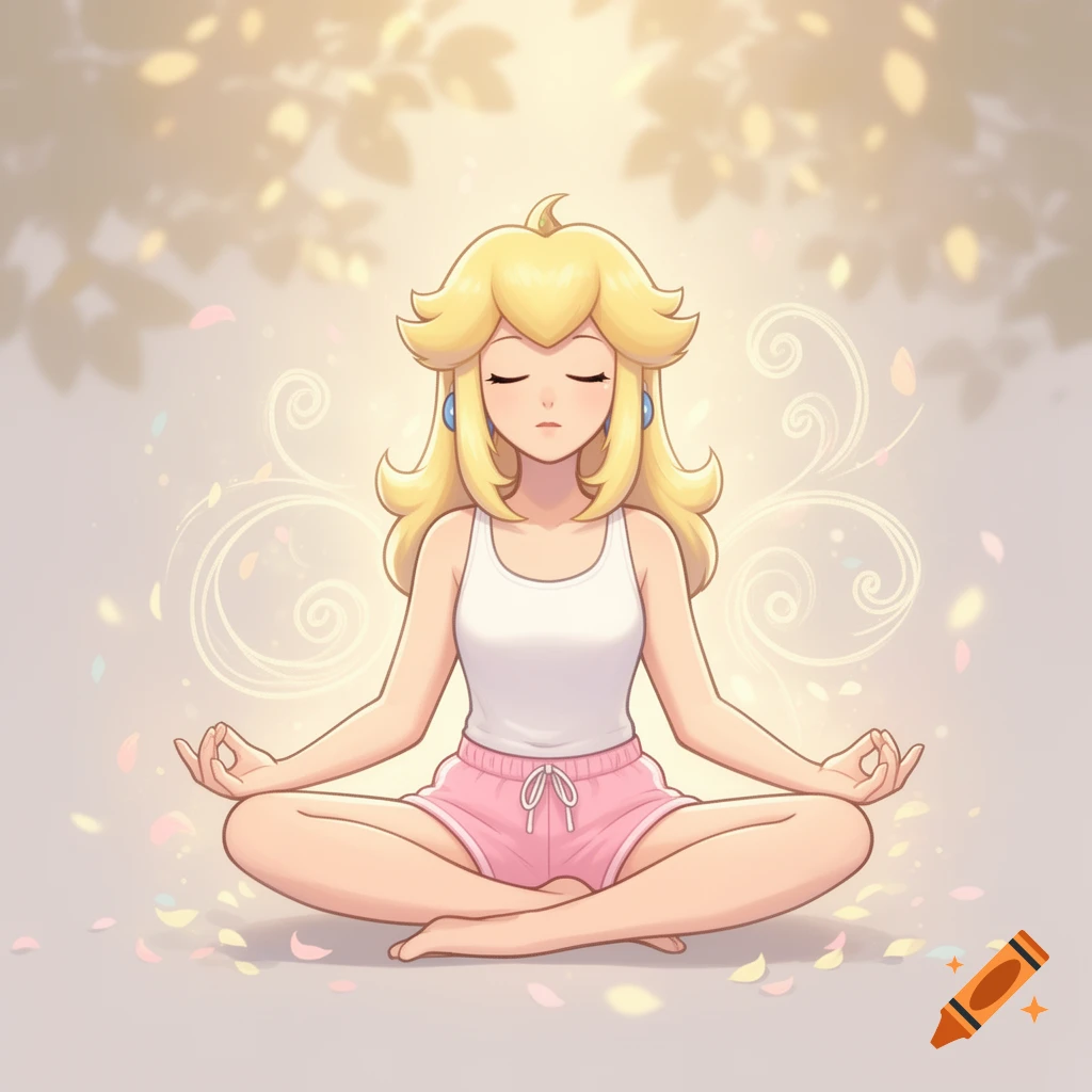 Princess Peach meditating in a white tank top and pink shorts, styled as a 2D animation.