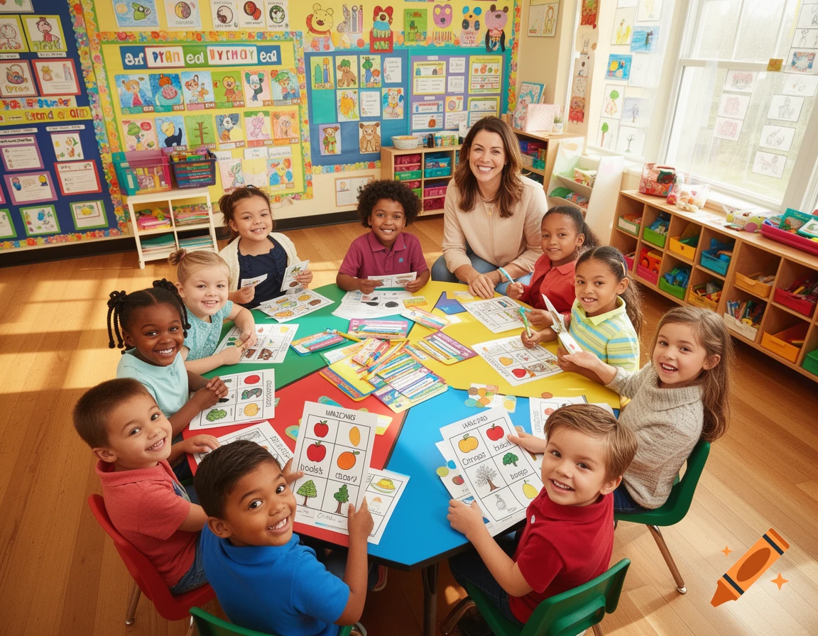A smiling teacher and several diverse young children sit around an hexagonal table in a brightly lit classroom, working on colorful worksheets.