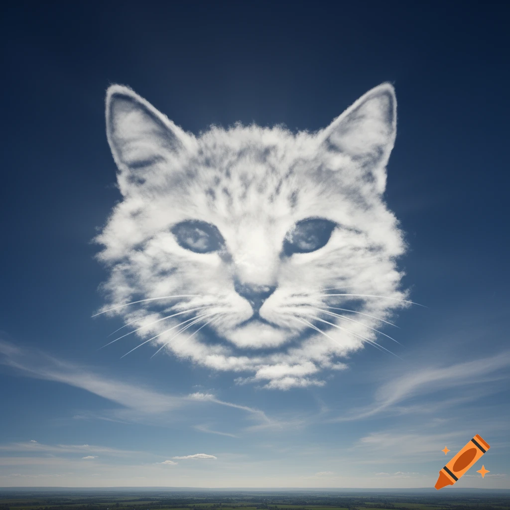 A photorealistic cat's face formed by white clouds in a bright blue sky, looking down over a distant green landscape.