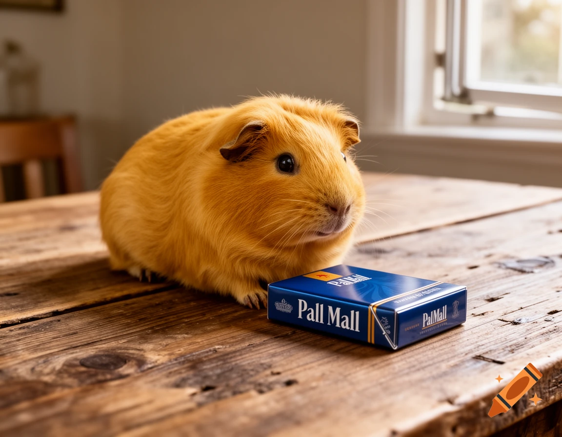 A guinea pig sits on a wooden table next to a blue pack of Pall Mall cigarettes.