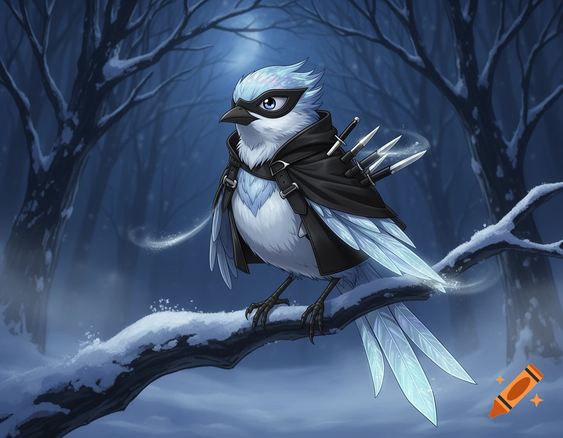 A blue and white bird in a black mask and cape with knives perched on a snowy branch in a dark winter forest.