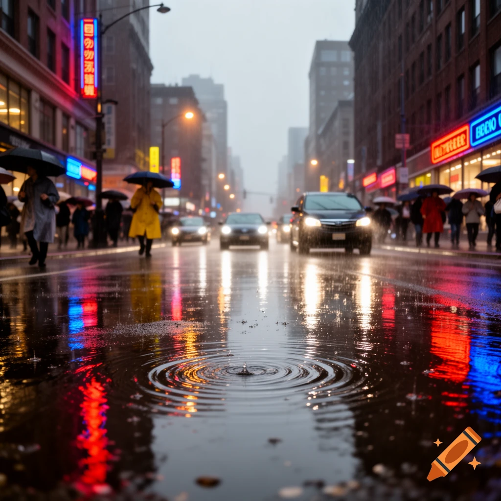 A low-angle, photorealistic view of a busy city street reflecting neon lights on wet asphalt during a cloudy, rainy evening, with people holding umbrellas and cars driving past.