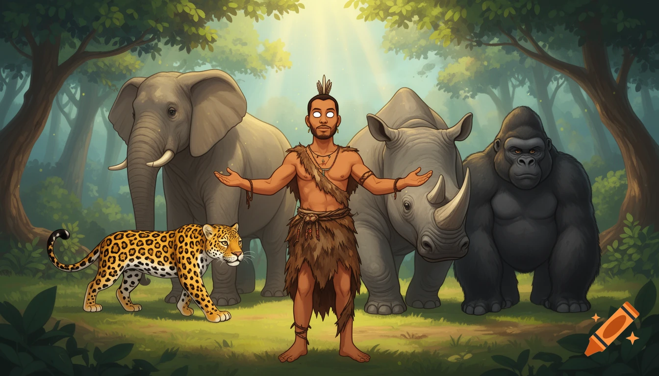 A cartoon man in animal skins with white eyes stands in a jungle, summoning a jaguar, elephant, rhino, and gorilla.
