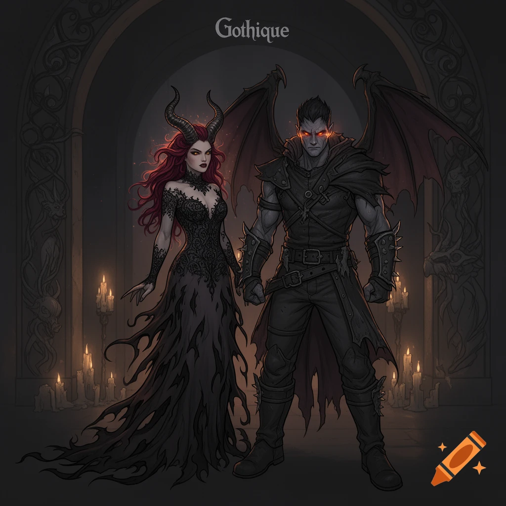 A horned woman in a black lace gown and a winged man in dark armor stand in a gothic archway, surrounded by candles. Illustration style.