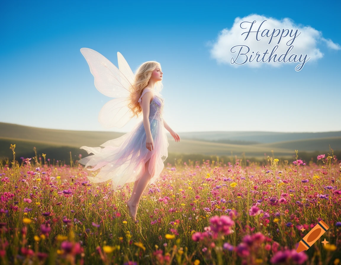 A blonde fairy in a flowing dress floats above a vibrant wildflower meadow under a blue sky, with 'Happy Birthday' written on a cloud.