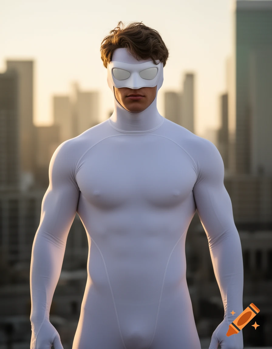 A muscular man in a tight white superhero suit and mask with white lenses stands against a city skyline.