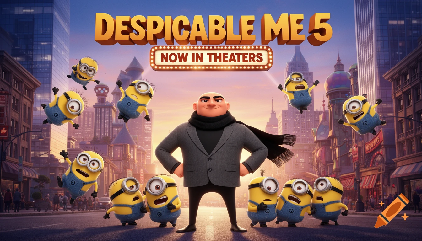 Gru stands proudly with his arms out, surrounded by many Minions, some flying, in a city. Text reads 'DESPICABLE ME 5 NOW IN THEATERS'.