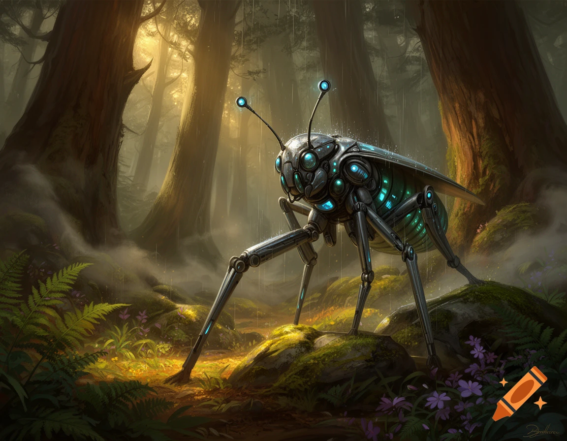 A metallic, insect-like robot with glowing blue accents stands in a lush, misty forest with sunlight filtering through the trees.