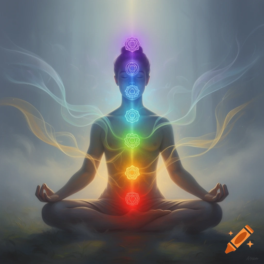 A person in a meditative yoga pose with seven glowing, colorful chakras aligned along their body, emanating light in a serene, misty setting.