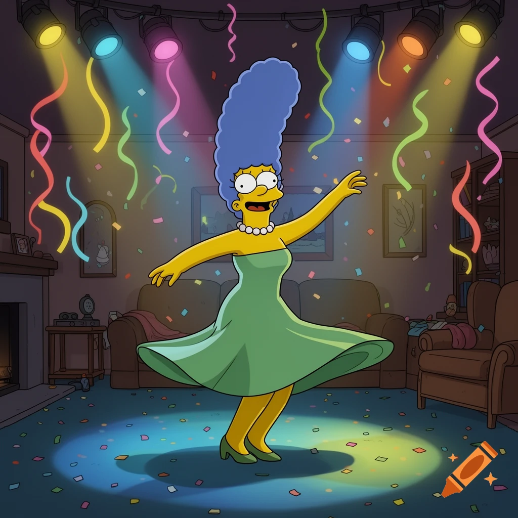 Marge Simpson, with her tall blue hair, dances happily in a green dress and pearl necklace under colorful spotlights and falling confetti in a living room.
