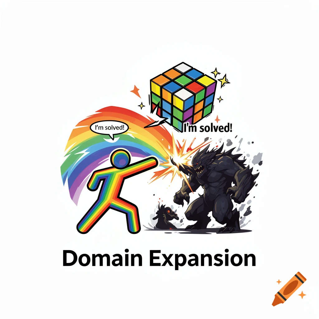 A rainbow stick figure with a rainbow emanates power, battling a black monster while a Rubik's Cube above says 'I'm solved!' The text 'Domain Expansion' is below.
