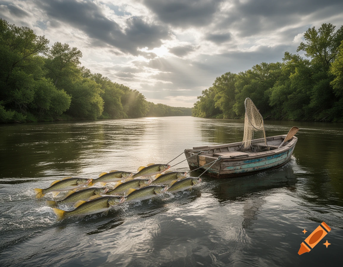 A group of walleye fish are pulling a small wooden fishing boat along a river lined with green trees under a cloudy sky.