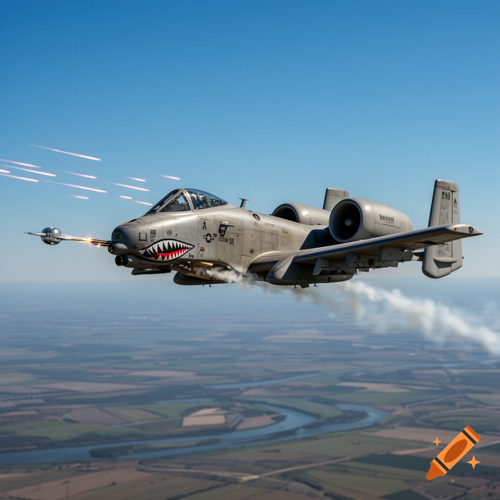 A grey A-10 Warthog military jet fires its cannon mid-flight over a green and brown landscape with a winding river under a clear blue sky.