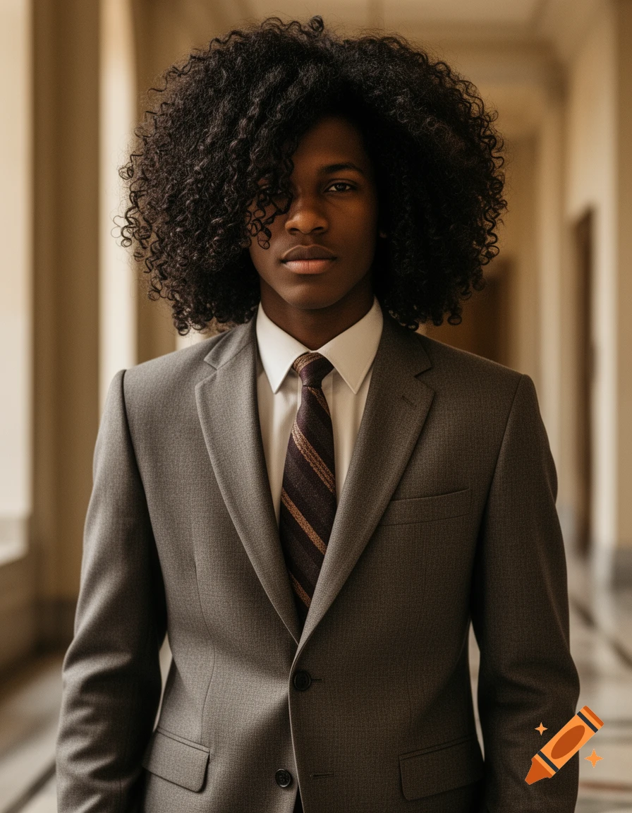 Photorealistic portrait of a young Black man with long curly hair, wearing a grey suit and striped tie, standing in a hallway.