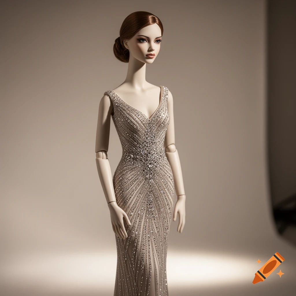 A model doll in a sparkling, sleeveless, form-fitting gown with a V-neckline stands elegantly in a studio.