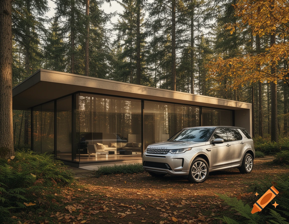 A silver Land Rover Discovery Sport parked on a dirt path in a forest next to a modern glass house with floor-to-ceiling windows.