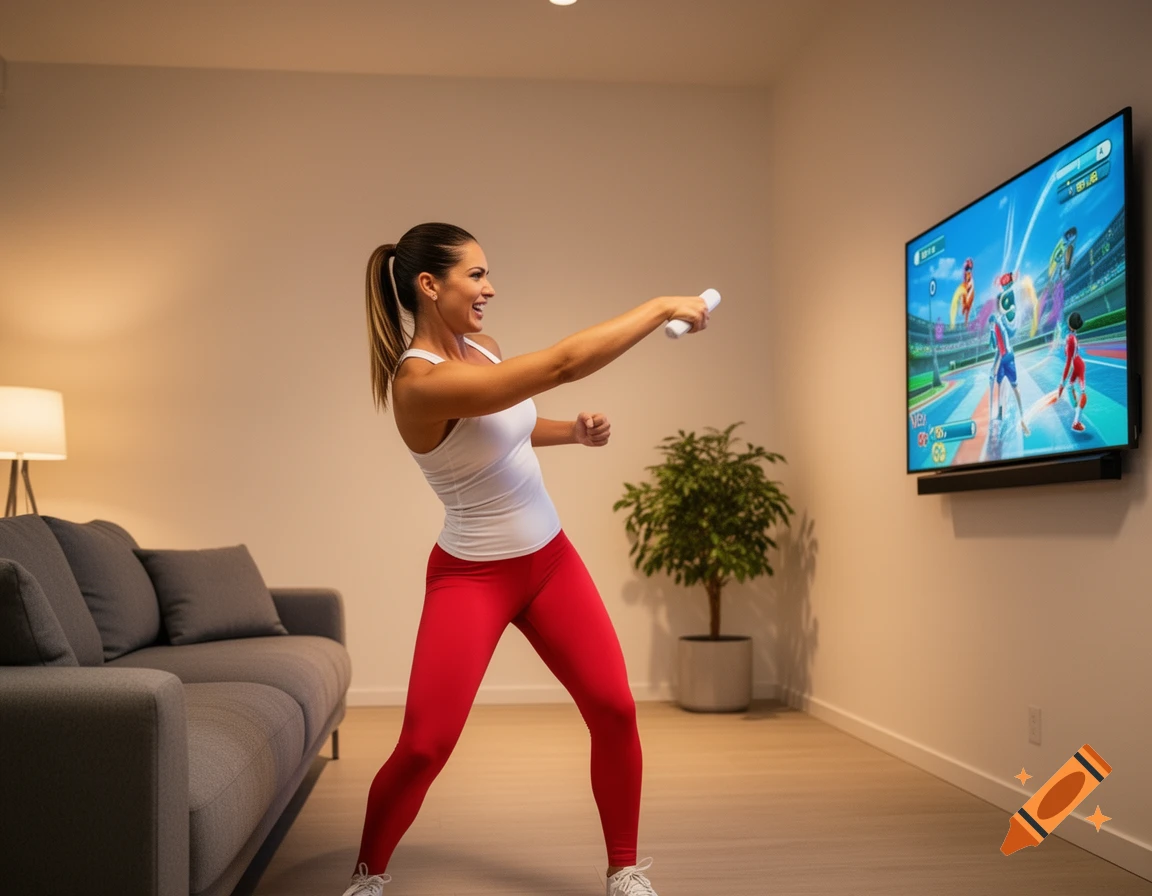 A smiling woman in red leggings and a white top plays a video game with a remote in a living room, a TV on the wall.