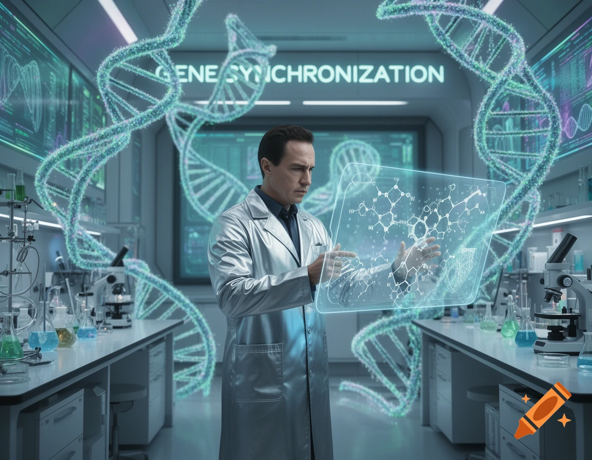 A man in a lab coat works with a holographic DNA display in a futuristic laboratory with glowing DNA strands and screens.
